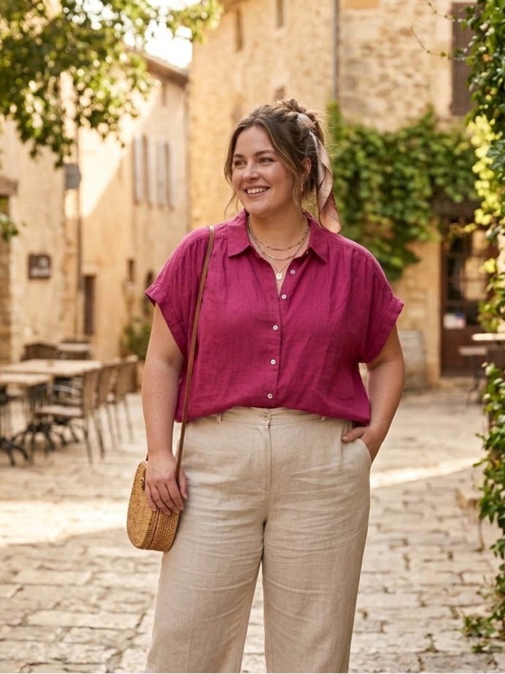 Terra & Sky Button-Front Short Sleeve Shirt in Fuchsia